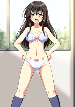 1girl absurdres black_hair blue_socks blurry blurry_background blush bow bow_bra bow_panties bra breasts brown_eyes commentary_request commission crotch_seam depth_of_field frown groin hands_on_own_hips highres indoors kneehighs kotegawa_yui large_breasts looking_at_viewer navel open_mouth panties partial_commentary pixiv_commission socks solo standing to_love-ru underwear underwear_only white_bra white_panties zanntetu