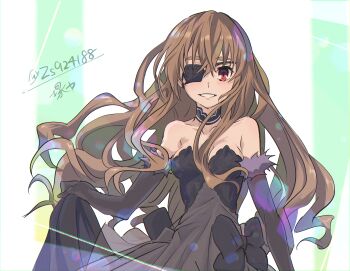 1girl black_dress brown_hair choker detached_sleeves dress eyepatch highres higyaku_no_noel long_hair noel_cerquetti red_eyes smile solo zs924188