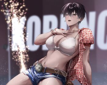 1girl absurdres belt blue_shorts bra breasts brown_eyes brown_hair cosplay dark-skinned_female dark_skin earrings highres jewelry kwon_eun-bi kwon_eun-bi_(cosplay) large_breasts multicolored_hair multicolored_shirt navel original real_life red_shirt shirt short_hair shorts solo stomach streaked_hair ulularts underwear white_bra white_hair