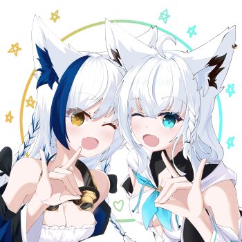 2girls absurdres ahoge animal_ear_fluff animal_ears aomiya_yozuri bare_shoulders blue_hair blue_neckerchief braid breasts cleavage commentary_request earrings fang fox_ears fox_girl fox_shadow_puppet goggles goggles_around_neck green_eyes hair_between_eyes highres hololive hood hoodie indie_virtual_youtuber jewelry jhsang1996 long_hair looking_at_viewer medium_breasts multicolored_hair multiple_girls neckerchief one_eye_closed open_mouth pentagram shirakami_fubuki shirakami_fubuki_(1st_costume) sidelocks single_braid skin_fang streaked_hair virtual_youtuber white_hair white_hoodie yellow_eyes