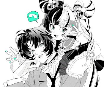 Rule 34 | 1boy, 1girl, ahoge, aqua nails, asaba harumasa, behind another, black choker, black hair, black necktie, braid, braided twintails, choker, collarbone, corded phone, dialyn (zenless zone zero), greyscale, hair extensions, hair ornament, hairclip, holding, holding phone, jacket, long hair, looking at another, looking to the side, monochrome, multicolored hair, necktie, official alternate costume, open clothes, open mouth, panda hair ornament, parted bangs, pd honey, phone, ring hair extensions, shirt, short hair, simple background, split-color hair, spoken symbol, spot color, upper body, white background, white hair, white shirt, zenless zone zero