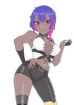 1girl asymmetrical_clothes asymmetrical_gloves asymmetrical_legwear bare_shoulders belt black_collar black_gloves black_nails black_pants blush breasts cleavage collar crop_top cross-laced_clothes dark-skinned_female dark_skin fingerless_gloves gloves hand_on_own_hip looking_at_viewer medium_breasts midriff mismatched_gloves mismatched_legwear multicolored_hair navel pants parted_lips pink_hair purple_eyes purple_hair rayos short_hair simple_background single_fingerless_glove single_glove single_pantsleg smile solo streaked_hair thighhighs two-tone_hair uneven_legwear virtual_youtuber white_background