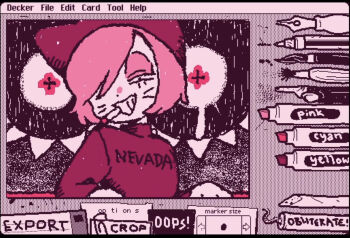 Rule 34 | 1boy, animal hat, art program in frame, cat hat, cigarette, facial mark, grin, hair over one eye, hat, highres, male focus, neko oven, nyen (randal's friends), pink hair, pink sweater, pink theme, randal's friends, short hair, smile, solo, sweater, turtleneck, turtleneck sweater, upper body, whisker markings, wigglypaint (medium)