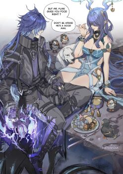 1boy 1girl ahoge antler_ornament antlers aqua_dress arm_support armlet bare_shoulders bird black_coat blue_fire blue_hair bracelet breasts cleavage coat collared_capelet collared_coat commentary deer deer_antlers deer_girl dog dress english_commentary fire flins_(genshin_impact) food from_above genshin_impact gold hair_over_one_eye high_collar highleg highleg_dress highres horns huge_ahoge jewelry large_breasts lauma_(genshin_impact) leaf_dress long_hair pointy_ears rchella seiza sitting speech_bubble table