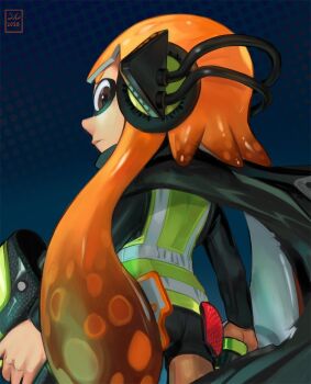 1girl agent_3_(splatoon) black_scarf black_shorts black_sleeves brown_eyes cowboy_shot from_behind from_below frown gun headphones high-visibility_clothing high-visibility_vest holding holding_gun holding_weapon inkling long_hair long_sleeves looking_at_viewer looking_back nintendo orange_hair overlord_jc paint_gun profile scarf short_shorts shorts solo splatoon_(series) splatoon_2 suction_cups tentacle_hair v-shaped_eyebrows vest weapon yellow_vest