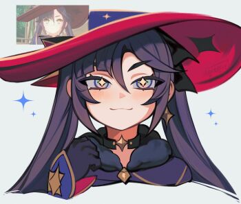 +_+ 1girl absurdres artist_name asymmetrical_bangs black_choker black_gloves black_hair blunt_bangs blush bow choker clenched_hand closed_mouth commentary cropped_head earrings english_commentary fur-trimmed_leotard fur_trim game_screenshot_inset genshin_impact gloves gold_earrings gold_trim grey_eyes hair_between_eyes hair_bow hand_up hat highres jewelry long_hair looking_at_viewer memeh mona_(genshin_impact) red_hat reference_inset screenshot_inset sidelocks single_earring smile solo star_(symbol) star_choker star_earrings star_print straight-on swept_bangs tsurime twintails white_background witch_hat