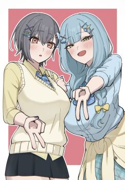 2girls bang_dream! bang_dream!_it's_mygo!!!!! blue_hair blue_nails blue_shirt blush border braid breasts cardigan cardigan_around_waist clothes_around_waist cowboy_shot dress_shirt grey_hair gyaru gyaru_v hair_between_eyes hair_ornament hairclip highres large_breasts male_focus medium_breasts multiple_girls nagomu_7_56 nail_polish open_mouth outline outside_border school_uniform shirt short_hair sweater_vest takamatsu_tomori three-quarter_sleeves togawa_sakiko twin_braids v white_border white_outline yellow_eyes yellow_shirt yellow_sweater_vest