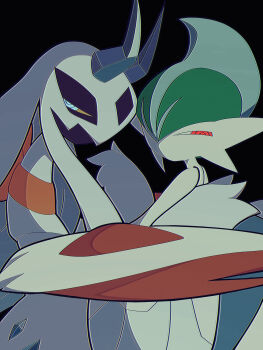 2others absurdres arm_blade black_background blue_eyes cape colored_skin facing_another froslass gallade gen_4_pokemon green_hair half-closed_eyes hand_on_another&#039;s_back highres leaning_on_person looking_back looking_to_the_side mega_gallade mega_pokemon mohawk multiple_others muted_color nintendo pokemon pokemon_(creature) pokemon_focus red_eyes squinting turning_head upper_body user_jzvh4824 weapon white_cape white_skin