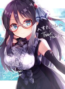 1girl assault_lily black_dress blue_eyes center_frills closed_mouth commentary_request commission detached_sleeves dress ebihara_beniko frills glasses hair_between_eyes hair_ornament long_hair looking_at_viewer mashima_moyu purple_hair red-framed_eyewear skeb_commission solo translation_request