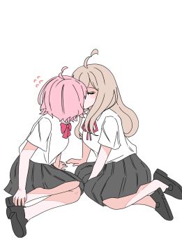 Rule 34 | 2girls, amaori renako, ashigaya high school uniform, black shoes, black skirt, bow, bowtie, brown hair, commentary request, flying sweatdrops, highres, kiss, korean commentary, long hair, medium hair, multiple girls, pink hair, pleated skirt, qorhvmek77777, red bow, red bowtie, school uniform, sena ajisai, shirt, shoes, simple background, skirt, watashi ga koibito ni nareru wake naijan murimuri!, white background, white shirt, yuri