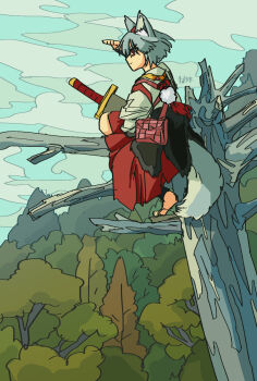 1girl alternate_costume animal_ear_fluff animal_ears blue_sky cloud commentary_request day doggo_1d34 forest grey_hair hat highres inubashiri_momiji japanese_clothes kimono nature on_tree outdoors red_eyes red_hat red_skirt sandals sheath sheathed short_hair skirt sky solo sword tail tokin_hat touhou tree weapon white_kimono wolf_ears wolf_girl wolf_tail