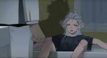2girls baesong bathroom black_shirt clothed_bath commentary_request curtains grey_eyes grey_hair gundam gundam_suisei_no_majo indoors jacket korean_commentary miorine_rembran multiple_girls open_mouth panties shadow shirt suletta_mercury tile_wall tiles underwear wet wet_clothes wet_hair wet_shirt white_jacket white_panties