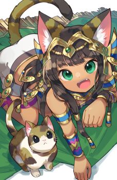 Rule 34 | 1girl, absurdres, all fours, ancient egyptian, animal ears, bastet (p&amp;d), cat, cat ears, cat girl, cat tail, commentary request, dark-skinned female, dark skin, fang, gold, green eyes, highres, jewelry, kuuron (moesann17), long hair, looking at viewer, open mouth, puzzle &amp; dragons, tail