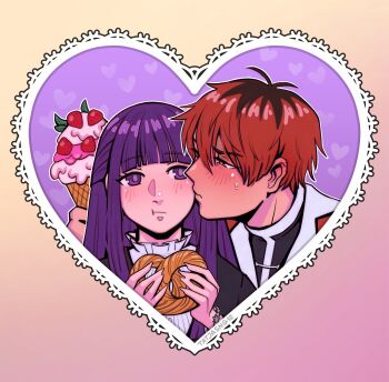 Rule 34 | 1boy, 1girl, black coat, black roots, black vest, blunt bangs, blush, border, chewing, coat, couple, dress, fern, food, furrowed brow, hair between eyes, half updo, hetero, highres, holding, holding food, holding ice cream cone, ice cream cone, kiss, kissing cheek, long hair, pink border, pretzel, purple background, purple eyes, purple hair, red coat, red hair, short hair, sousou no frieren, stark (sousou no frieren), sweatdrop, tatjasng12, upper body, vest, white dress