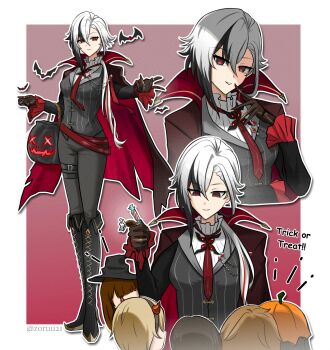 absurdres alternate_costume arlecchino_(genshin_impact) bat_(animal) black_boots black_eyes black_hair black_hands black_pants boots breasts bucket candy cape child colored_extremities cropped_torso english_text food frilled_sleeves frills full_body genshin_impact grey_hair hair_between_eyes halloween halloween_bucket halloween_costume high_collar highres holding holding_bucket holding_candy holding_food knee_boots looking_at_another looking_at_viewer medium_breasts multicolored_hair multiple_views necktie outline pants ponytail red_background red_cape smile streaked_hair striped_clothes symbol-shaped_pupils upper_body vertical-striped_clothes vest waistcoat white_outline x-shaped_pupils zoruu21