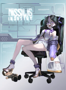 1girl absurdres bare_legs black_hair chair character_doll commander_(nikke) doll earrings goddess_of_victory:_nikke high_heels highres jacket jewelry legs miniskirt mole mole_under_eye navel necktie office_chair on_chair open_mouth purple_eyes purple_jacket purple_necktie purple_streaks shirt sitting skirt solo swivel_chair syuen_(nikke) unloli white_shirt white_skirt white_streaks