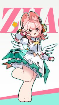 >_o 1girl animal_ear_fluff animal_ear_piercing animal_ears animal_feet aria_(zenless_zone_zero) aria_(zenless_zone_zero)_(cosplay) center_frills character_name commentary cosplay dress fingerless_gloves frills furry furry_female gloves grey_background hair_ornament highres leg_up looking_at_viewer one_eye_closed open_mouth passive408 pink_fur pink_gloves pink_hair rabbit_ears rabbit_girl red_eyes screw solo sphere_hair_ornament standing standing_on_one_leg star_(symbol) v v_over_eye white_dress white_wings wings zenless_zone_zero zhao_(zenless_zone_zero)