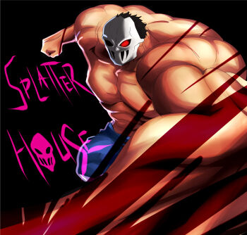 Rule 34 | 1boy, black background, black hair, copyright name, highres, male focus, mask, muscular, namco, punching, rick taylor, short hair, simple background, solo, splatterhouse, tamanegiya, terror mask, text focus, topless male