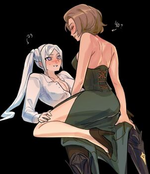 2girls age_comparison alternate_costume ass babykatafan back bare_back bare_legs bare_shoulders black_background blush breasts brown_hair cleavage collarbone collared_shirt commentary couple dress drunk edelgard_von_hresvelg embarrassed english_commentary eyeshadow fire_emblem fire_emblem:_three_houses from_behind from_side girl_on_top green_dress high_heels highres leaning_back long_hair long_sleeves looking_down makeup manuela_casagranda medium_breasts multiple_girls nintendo official_alternate_hairstyle parted_bangs parted_lips partially_unbuttoned purple_eyes shirt short_hair shy side_ponytail side_slit simple_background sitting sitting_on_person smile white_hair white_shirt yuri