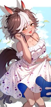 1girl absurdres alternate_costume animal_ears blue_sky breasts brown_eyes brown_fur brown_hair cleavage clothes_lift cloud cloudy_sky collarbone commentary darjeeling-tea dress dress_lift english_commentary grass hair_between_eyes highres horse_ears horse_girl horse_tail knees_together_feet_apart large_breasts leaning_forward lifting_own_clothes looking_at_viewer multicolored_hair open_mouth outdoors second-party_source sky smile solo standing sundress tail teeth tomoe_umari tongue upper_teeth_only v-dere virtual_youtuber white_dress white_hair