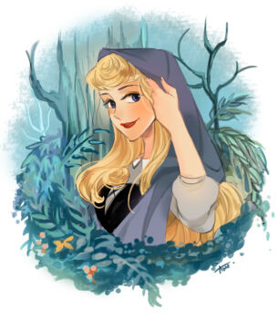 Rule 34 | 1girl, ano (sbee), artist name, aurora (disney), blonde hair, blue eyes, commentary request, dress, flower, hand in own hair, long hair, looking at viewer, nature, simple background, sleeping beauty (disney), smile, solo, tree, veil, white background