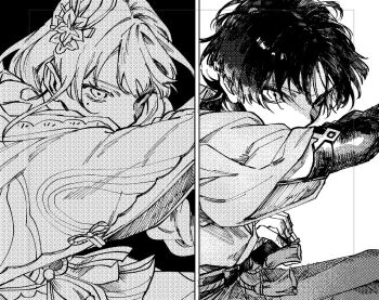 1boy 1girl belt blunt_ends bow braid bridal_gauntlets chinese_knot choppy_bangs cmpsnoki fan_hair_ornament fingernails flower genshin_impact glaring greyscale hair_flower hair_ornament hand_up japanese_clothes kimono long_hair looking_at_viewer low-braided_long_hair low-tied_long_hair mole mole_under_eye monochrome mother_and_son partially_shaded_face raiden_shogun rope sash scaramouche_(genshin_impact) sheath short_sleeves split_screen tassel tsurime wanderer_(genshin_impact) wide_sleeves