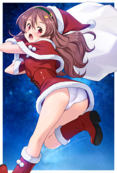 1girl absurdres ass boots border breasts brown_hair capelet commentary_request crotch_seam dress fortissimo from_below fur-trimmed_boots fur-trimmed_capelet fur-trimmed_dress fur_trim green_hairband hair_ornament hairband hat highres holding holding_sack kazuma_muramasa kimi_to_idol_precure long_hair looking_at_viewer looking_back musical_note musical_note_hair_ornament open_mouth outside_border panties pantyshot precure red_boots red_capelet red_dress red_eyes running sack sakura_uta_(precure) santa_costume santa_dress santa_hat short_dress small_breasts solo underwear white_border white_panties