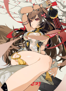 1girl absurdres arm_up armlet armpits bare_shoulders bracelet breasts brown_hair brown_tail china_dress chinese_clothes clover clover_hair_ornament commentary_request cowboy_shot dress droopy_ears grey_background hair_ornament hairband highres holding holding_sword holding_weapon jewelry jizaier knee_up leg_tattoo long_hair medium_breasts metal_bracelet open_mouth red_eyes see-through_clothes silver_armlet silver_bracelet solo sword tail tattoo tree very_long_hair weapon white_dress white_hairband ye_shunguang zenless_zone_zero