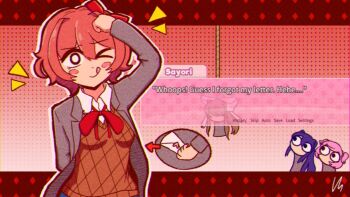 4girls :q arm_behind_back artist_name black_eyes blazer blue_skirt blush blush_stickers bob_cut border bow bowtie breasts bright_pupils brown_hair brown_sweater_vest character_name chibi clenched_hand commentary diamond_(shape) doki_doki_literature_club doki_doki_literature_club_school_uniform dress_shirt english_commentary english_text film_grain filthyhector furrowed_brow gameplay_mechanics gradient_background grey_jacket hair_between_eyes hair_bow hair_intakes hair_ribbon hand_on_own_head hanged heart_seal hiding hitting holding holding_letter implied_death initial jacket letter long_hair long_sleeves looking_at_another looking_up love_letter medium_breasts monika_(doki_doki_literature_club) multiple_girls natsuki_(doki_doki_literature_club) noose notice_lines one_eye_closed open_clothes open_jacket pink_hair ponytail purple_hair red_background red_border red_bow red_bowtie red_hair red_ribbon ribbon sayori_(doki_doki_literature_club) school_uniform shirt short_hair sidelocks signature skirt solo_focus standing surprised sweater_vest swept_bangs tongue tongue_out two_side_up upper_body valentine very_long_hair white_background white_bow white_pupils white_ribbon white_shirt wide-eyed yuri_(doki_doki_literature_club)