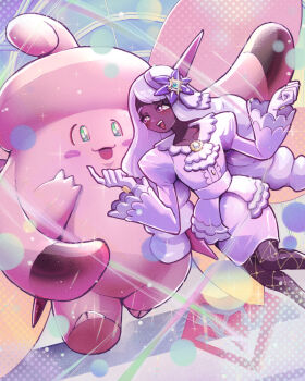 1girl 8ka8ui8 :d blush clefable collarbone commentary dark-skinned_female dark_skin dress fishnet_pantyhose fishnets gen_1_pokemon gloves hands_up happy hat_ornament highres jacinthe_(pokemon) long_hair long_sleeves mega_clefable nintendo open_mouth pantyhose pokemon pokemon_(creature) pokemon_legends:_z-a puffy_sleeves purple_dress smile teeth tilted_headwear twintails upper_teeth_only