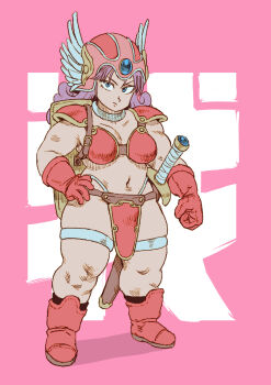 1girl armor belly bikini_armor blue_eyes choker dragon_quest dragon_quest_iii guretsuo hand_on_own_hip helmet highleg highres long_hair looking_at_viewer muscular muscular_female navel parted_bangs purple_hair red_armor shoulder_armor simple_background solo standing thick_arms thick_thighs thighs warrior warrior_(dq3) winged_helmet