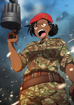 1girl ammunition belt belt_buckle beret black_hair breast_pocket breasts brown_belt buckle bullets call_of_duty call_of_duty:_black_ops_2 camouflage camouflage_jacket camouflage_pants cloud collarbone commentary cowboy_shot dark-skinned_female dark_skin english_commentary finger_on_trigger fist genderswap genderswap_(mtf) grenade_launcher hair_bun hair_over_one_eye hair_tied_back handgun_cartridge hat hawk_mm-1 highres holding holding_weapon jacket jonas_savimbi large_breasts less-lethal_launcher less-than-lethal_weapon looking_to_the_side manville_gas_gun military military_uniform mrxinom national_union_for_the_total_independence_of_angola open_mouth original pants pocket real_life red_hat revolver_grenade_launcher riot_gun scar scar_across_eye scar_on_face scene_reference semi-automatic_grenade_launcher shoulder_boards shouting skindentation sleeves_rolled_up teeth tongue weapon