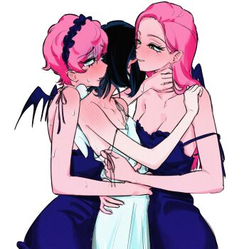 3girls alien_stage angel_and_devil angel_wings bare_shoulders biting biting_ear black_hair blue_dress blush breast_press breasts cleavage commentary demon_wings dress dual_persona girl_sandwich hand_on_another's_neck hand_on_another's_waist highres large_breasts long_hair mizi_(alien_stage) multiple_girls neck_blush pink_hair sandwiched short_hair simple_background sleeveless sleeveless_dress strap_slip sua_(alien_stage) sweat valerie_vie01 white_background white_dress wings yuri