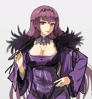 1girl breasts cleavage dress fate/grand_order fate_(series) feather_trim fur-trimmed_dress fur_trim hair_between_eyes holding holding_wand large_breasts long_hair long_sleeves looking_at_viewer parted_lips purple_dress purple_hair red_eyes scathach-skadi_(fate) scathach-skadi_(first_ascension)_(fate) scathach_(fate) simple_background sketch solo tiara upper_body wand white_background yuugiri_(u-slash)