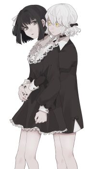 2girls a34403178 amemori_sayo black_choker black_dress black_eyes black_hair black_nails center_frills choker collar collared_dress colored_eyelashes dress frilled_collar frills hair_ribbon highres hug hug_from_behind kudou_chitose lace_trim light_smile long_sleeves looking_at_another multiple_girls nail_polish nijisanji one_side_up ribbon short_hair simple_background sleeve_cuffs virtual_youtuber white_background white_hair yellow_eyes yuri