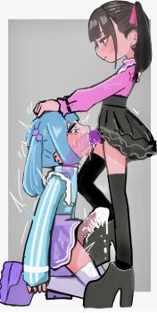 1boy 1girl bdsm blue_hair cbt crying crying_with_eyes_open cum cumdrip deepthroat dildo dripping f0g_(rmuh7534) fellatio femdom hair_bobbles hair_ornament hair_ribbon highres irrumatio jirai_kei kneehighs makeup oral penis pierced_genitals piercing ribbon sadism sex_toy shaking shoes skirt socks stepped_on strap-on tears trap