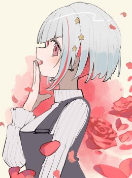 1girl :d absurdres apron black_apron blush commentary_request earrings falling_petals flower from_side hair_ornament highres jewelry link!_like!_love_live! long_sleeves love_live! nagisa_iori official_alternate_costume open_mouth petals profile red_flower red_rose ribbed_sweater rose smile solo star_(symbol) star_hair_ornament sweater turtleneck turtleneck_sweater upper_body virtual_youtuber white_sweater yugiri_tsuzuri yugiri_tsuzuri_(winter_loungewear)