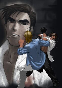 3boys abs archived_source belt belt_buckle black_belt black_gloves black_pants black_shoes blonde_hair blue_shirt blue_sleeves buckle cigarette collared_shirt dress dress_pants dress_shirt fighting fingernails gloves high_collar leather leather_gloves medium_hair multiple_boys myth_of_ambition official_art open_clothes open_mind_world open_shirt pants popped_collar shirt shoes short_hair teeth thick_eyebrows upper_teeth_only white_dress white_pants