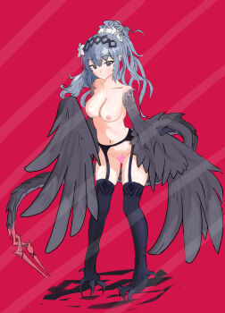 1girl absurdres bird_legs black_eyes black_feathers black_thighhighs black_wings blush breasts censored commentary_request feathered_wings feathers flower garter_belt garter_straps grey_hair hair_flower hair_ornament hairband harpy heart heart_censor highres long_hair looking_at_viewer medium_breasts monster_girl navel nipples nude original pointy_ears red_background simple_background solo tail talons thighhighs user_gesv5223 white_flower winged_arms wings