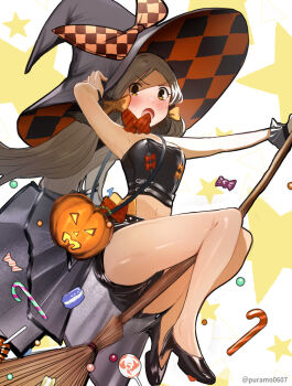 1girl ass bare_legs black_shirt black_shoes blush bow breasts broom broom_riding brown_eyes brown_hair candy candy_cane commentary_request food hair_bow handa_roco hat high_heels highres idolmaster idolmaster_million_live! jack-o'-lantern large_hat lollipop long_hair looking_at_viewer open_mouth shirt shoes solo strapless strapless_shirt suzuki_puramo tears twintails witch witch_hat yellow_bow