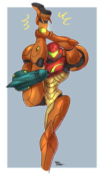 1girl arm_cannon armor artist_name assault_visor commentary_request full_armor green_visor grey_background highres metroid nintendo power_armor power_suit_(metroid) samus_aran signature simple_background split standing standing_on_one_leg standing_split varia_suit wakaba_(wata_ridley) weapon
