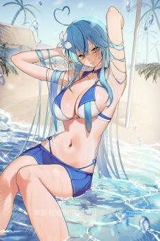 Rule 34 | 1girl, absurdres, ahoge, alternate costume, armpits, arms up, bikini, bikini skirt, bikini under skirt, blue hair, blue skirt, blush, breasts, cleavage, closed mouth, commentary request, crossed bangs, detached collar, double-parted bangs, elf, flower, hair flower, hair flowing over, hair ornament, heart, heart ahoge, highres, hololive, large breasts, light smile, long hair, looking at viewer, miniskirt, navel, outdoors, pleated skirt, pointy ears, sitting on water, skirt, solo, sparkle, stomach, swimsuit, takeno omoti, very long hair, virtual youtuber, watermark, wet, white bikini, yellow eyes, yukihana lamy