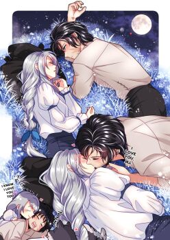 1boy 1girl animal babigonice black_hair black_pants blue_eyes blush braid clive_rosfield closed_eyes commentary couple drooling english_commentary facial_hair facial_scar final_fantasy final_fantasy_xvi flower full_moon grey_hair heart highres jill_warrick kiss long_hair looking_at_another lying moon mouth_drool night on_side pants puffy_sleeves scar scar_on_cheek scar_on_face shirt short_hair single_braid sky sleeping torgal_(ff16) upper_body white_flower white_shirt wolf zzz