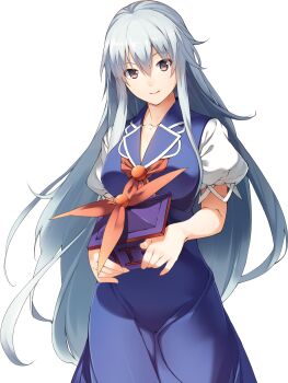 1girl blue_dress breasts closed_mouth dress eho_(icbm) game_cg grey_hair groin hat holding holding_unworn_clothes holding_unworn_hat kamishirasawa_keine labyrinth_of_touhou_(series) labyrinth_of_touhou_tri large_breasts long_hair looking_at_viewer non-web_source official_art puffy_short_sleeves puffy_sleeves purple_hat short_sleeves smile solo touhou transparent_background unworn_hat unworn_headwear very_long_hair yellow_eyes