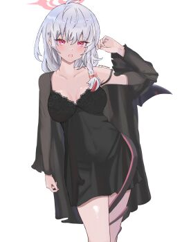 absurdres artist_name black_dress black_skirt black_wings blue_archive breasts cleavage commentary_request dress english_text hair_ribbon halo haruna_(blue_archive) highres lingerie looking_at_viewer negligee open_mouth red_eyes red_halo ribbon royalbunny003 single_wing skirt tail underwear white_hair wings