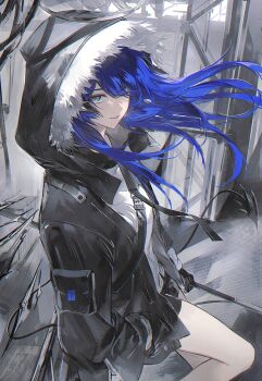 1girl arknights black_jacket blue_eyes blue_hair collared_jacket commentary ddinut fur-trimmed_hood fur_trim hair_between_eyes hand_in_pocket highres holding holding_weapon hood hood_up hooded_jacket jacket light_smile long_hair long_sleeves looking_at_viewer mostima_(arknights) outdoors partially_shaded_face scaffolding shirt solo strap thighs truss turning_head weapon white_shirt wind