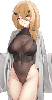 1girl :d absurdres andoris_(girls&#039;_frontline_2) black_leotard blonde_hair blush breasts casperrin coat covered_erect_nipples covered_navel girls&#039;_frontline girls&#039;_frontline_2:_exilium grin groin hair_between_eyes hair_ornament hairclip hands_up highleg highleg_leotard highres hip_focus legs_together leotard long_hair medium_breasts mole mole_under_eye mole_under_mouth navel nipples open_clothes open_coat open_mouth outstretched_hand presenting red_eyes see-through_clothes see-through_leotard skin_tight smile solo standing thighs white_coat