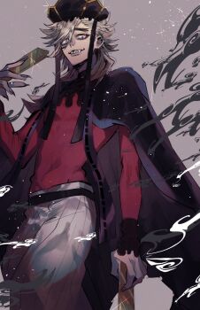 Rule 34 | 1boy, blonde hair, chinese commentary, commentary request, douma (kimetsu no yaiba), hair between eyes, highres, kimetsu no yaiba, long hair, looking at viewer, male focus, ou syoku7, patterned hair, red shirt, shirt, smile, solo, teeth, tight clothes, tight shirt, toned, toned male