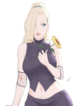 Rule 34 | 1girl, absurdres, aged up, arm at side, asymmetrical bangs, blonde hair, blue eyes, boruto: naruto next generations, boruto (series), breasts, buttons, collared shirt, commentary, cowboy shot, elbow pads, eyelashes, fishnets, flower, hair ornament, hair over one eye, hairclip, hand up, high ponytail, highres, holding, holding flower, large breasts, lipstick, long hair, looking to the side, lowleg, lowleg skirt, makeup, midriff, miqoto9, narrow waist, naruto (series), navel, one eye covered, parted lips, pink lips, ponytail, purple shirt, purple skirt, shirt, signature, simple background, skirt, sleeveless, sleeveless shirt, straight-on, sunflower, teeth, thick lips, very long hair, white background, wide hips, wing collar, yamanaka ino