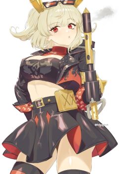 1girl belt black_belt black_jacket black_skirt blonde_hair breasts burnice_white cleavage cowboy_shot crop_top darkgreyclouds eyewear_on_head flamethrower hair_between_eyes holding_flamethrower holding_weapon jacket large_breasts looking_at_viewer open_clothes open_jacket red-tinted_eyewear red_eyes sidelocks simple_background skirt solo spiked_belt sunglasses tinted_eyewear white_background zenless_zone_zero